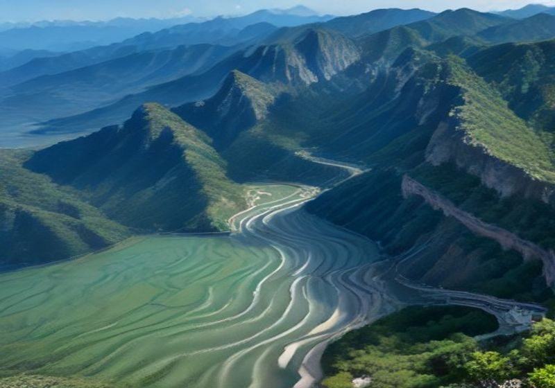 惠美梨产地梨园全景，海拔800米山地梯田上整齐排列的梨树，清晨薄雾中果实累累，背景是连绵青山与蓝天白云